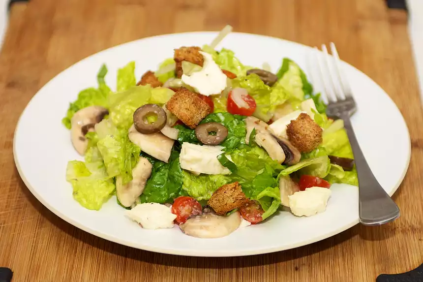 Cherry Tomato and Lettuce Salad with Fresh Mozzarella and Croutons