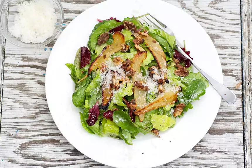 Roasted Pear, Walnuts and Parmesan Salad