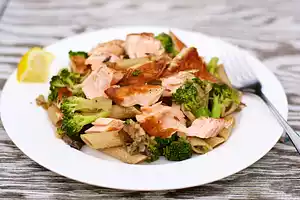 Salmon, Broccoli, and Mushroom Pasta